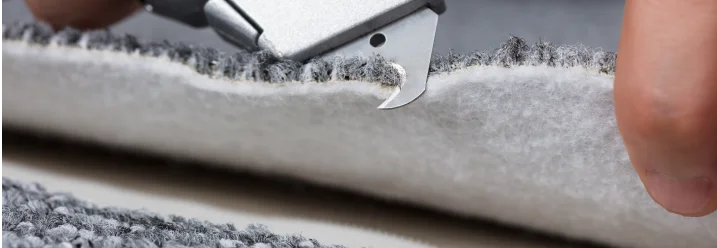 Person schneidet Teppich mit Cuttermesser